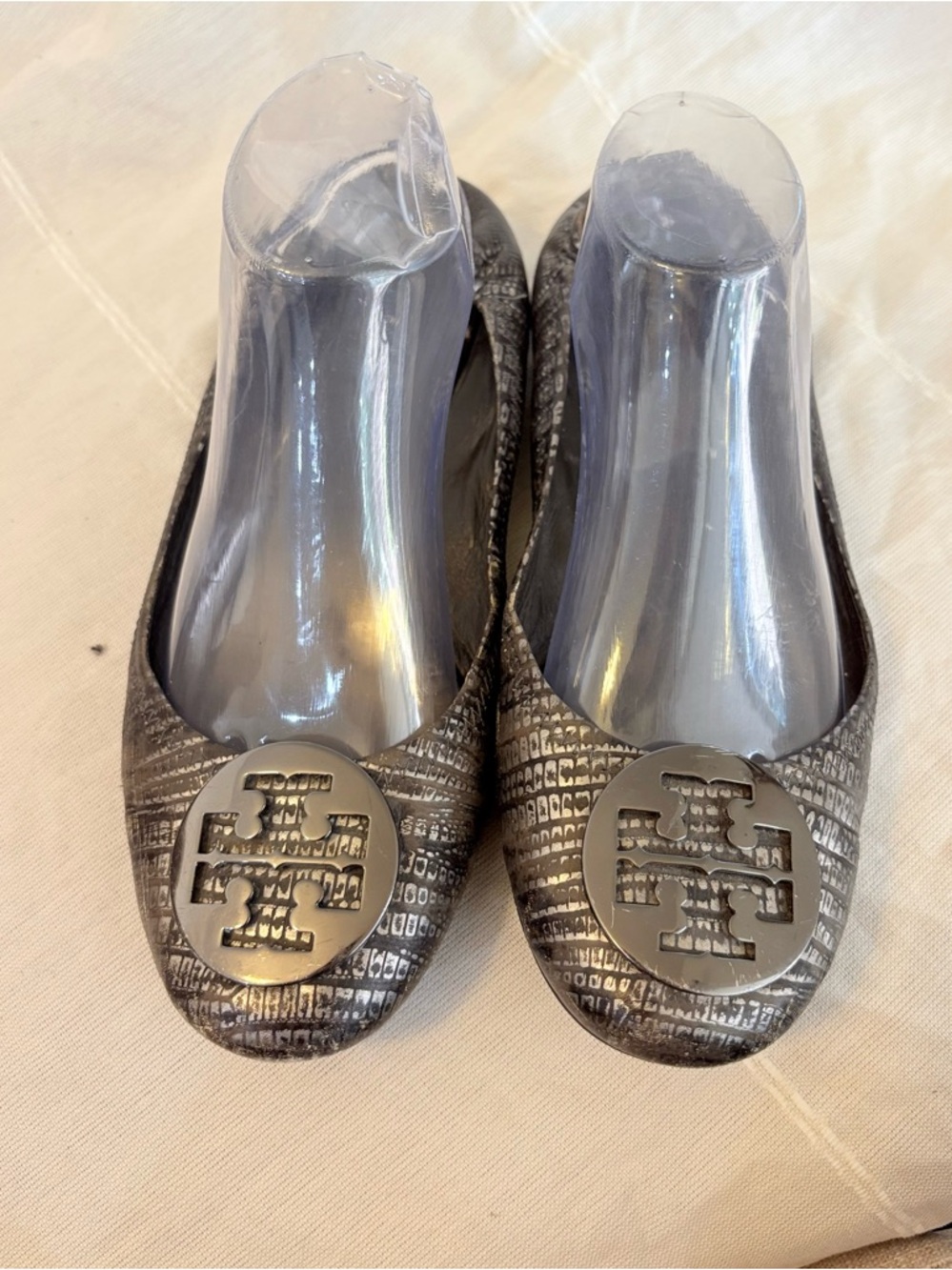 Tory Burch Reva lizard-embossed metallic leather ballet flats